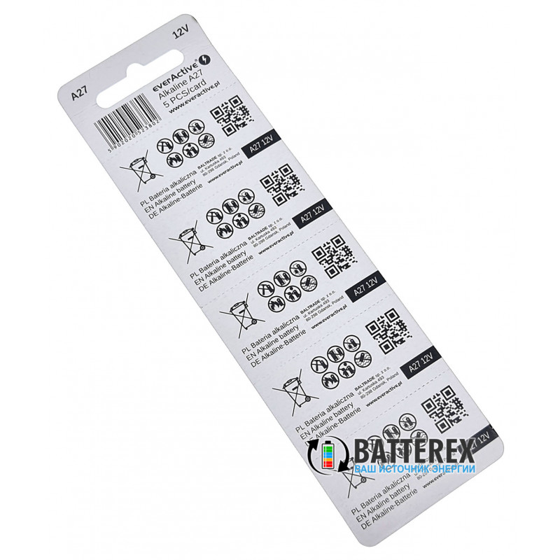 Батарейка A27 Everactive Alkaline 12V (12 вольт) - типоразмеры 27A, CA27, L828, MN27 Батарейка A27 Everactive Alkaline 12V (12 вольт) - типоразмеры 27A, CA27, L828, MN27