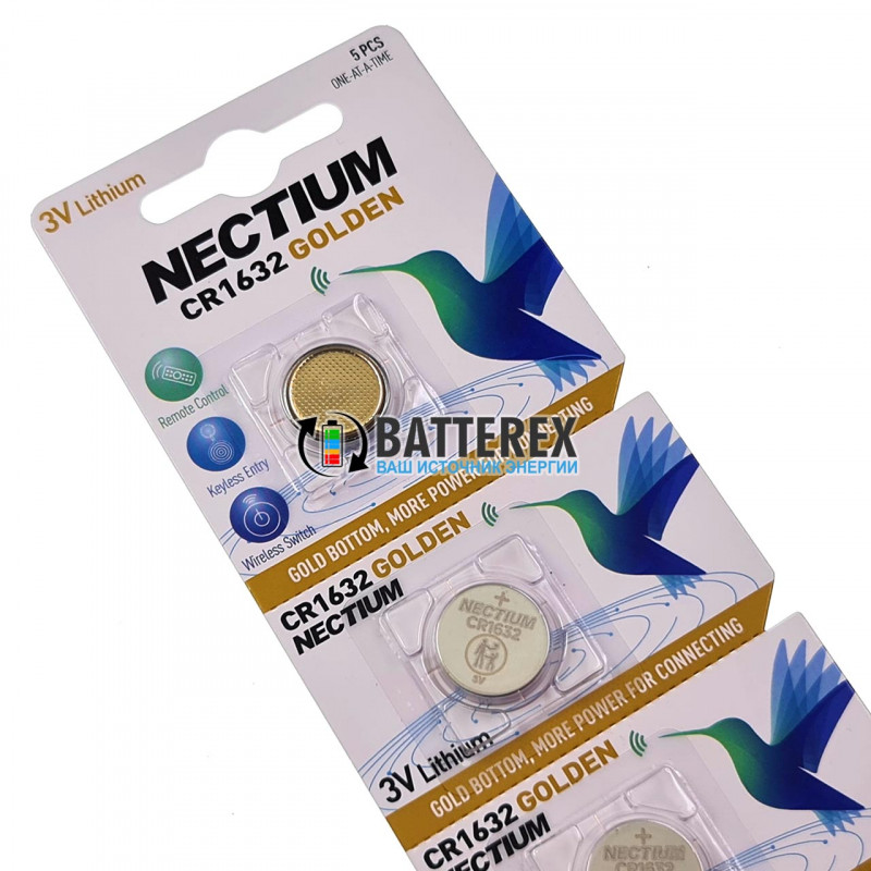 Батарейка литиевая CR1632 Nectium Golden 3V с позолоченным контактом минус - упаковка 5 шт.