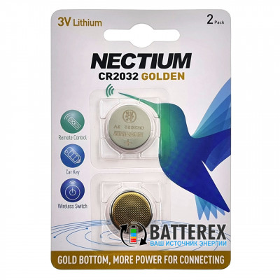 Батарейка CR2032 Nectium Golden 3V с позолоченным контактом минус - 2 шт. в блистере Батарейка CR2032 Nectium Golden 3V с позолоченным контактом минус - 2 шт. в блистере