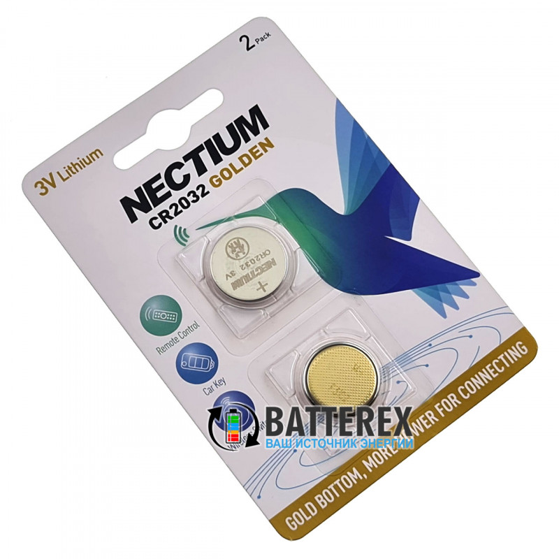 Батарейка литиевая CR2032 Nectium Golden 3V с позолоченным контактом минус - упаковка 2 шт. Батарейка литиевая CR2032 Nectium Golden 3V с позолоченным контактом минус - упаковка 2 шт.