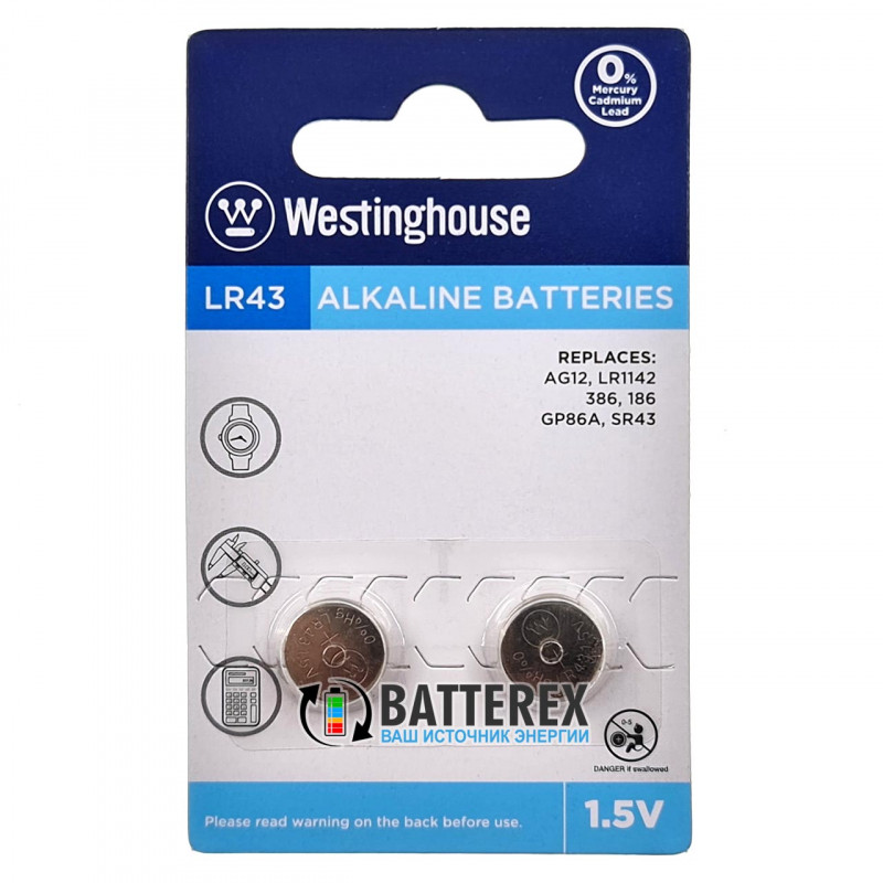Alkaline батарейка LR43 Westinghouse Alkaline 1,5V (AG12 LR1142 G12 186 GP86A 386 SR43W) - цена за упаковку