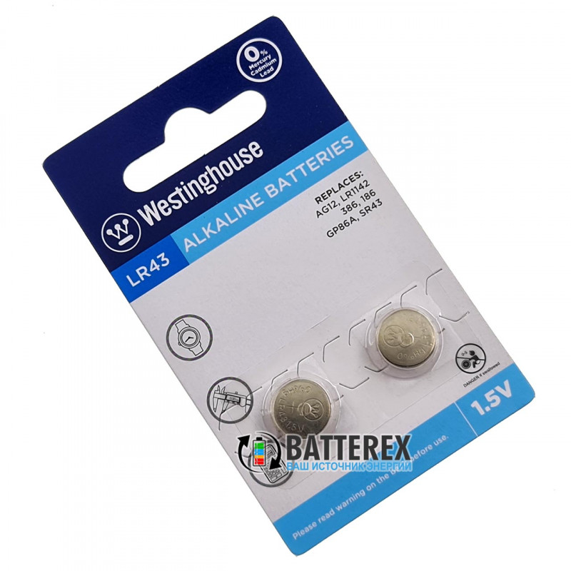 Alkaline батарейка LR43 Westinghouse Alkaline 1,5V (AG12 LR1142 G12 186 GP86A 386 SR43W) - цена за упаковку