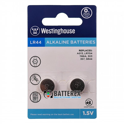 Батарейка LR44 Westinghouse Alkaline 1,5V (AG13 A76 G13 357 SR44 L1154) - 2 шт. в блистере