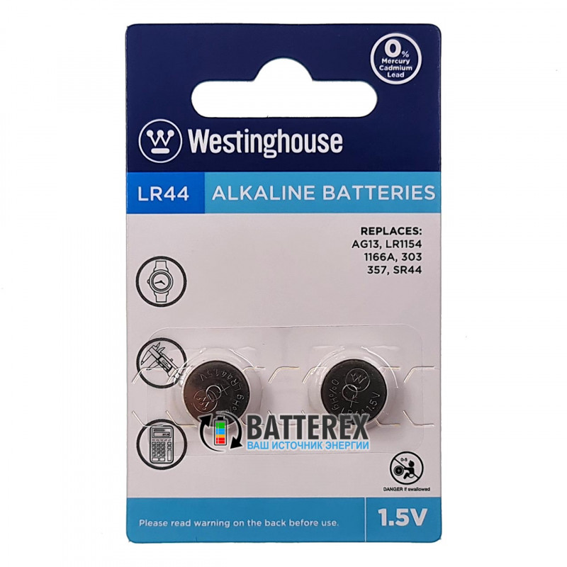 Alkaline батарейка LR44 Westinghouse Alkaline 1,5V (AG13 A76 G13 357 SR44 L1154) - цена за упаковку 2 шт.