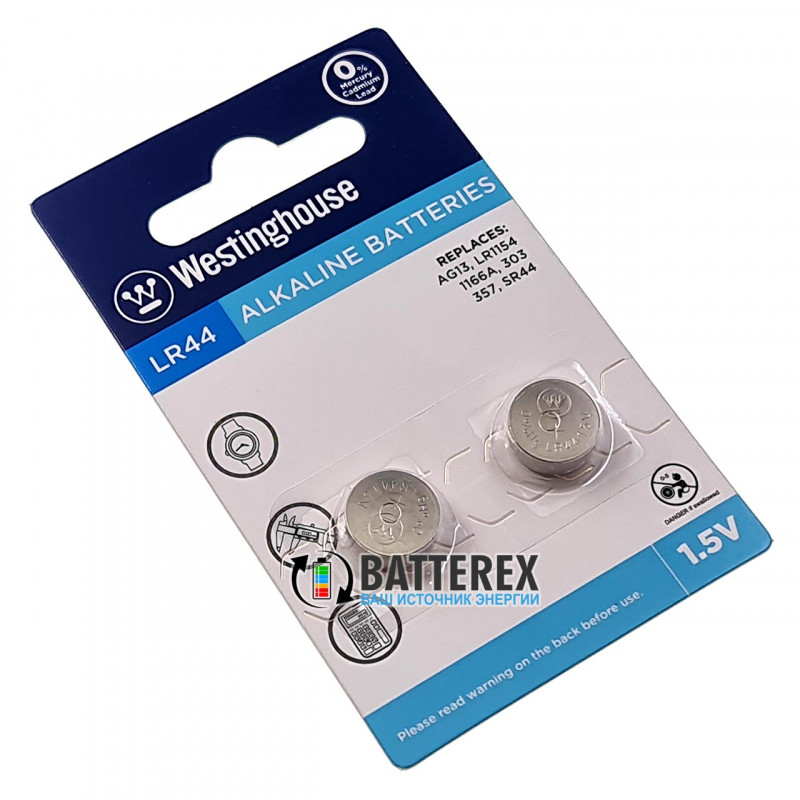 Alkaline батарейка LR44 Westinghouse Alkaline 1,5V (AG13 A76 G13 357 SR44 L1154) - цена за упаковку 2 шт.