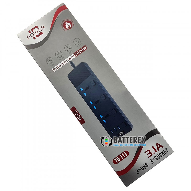 Сетевой фильтр - удлинитель IQ Power TB-T11 на 3 розетки и 3 USB-порта - длина 2м