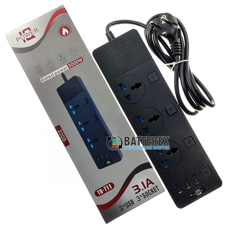 Сетевой фильтр - удлинитель IQ Power TB-T11 на 3 розетки и 3 USB-порта - длина 2м