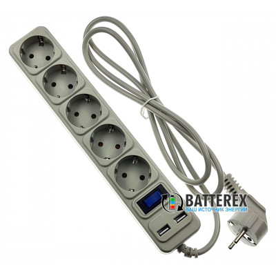 Сетевой фильтр - удлинитель Merlion на 5 розеток и 2 USB-порта 5V 2.1A - длина 1,8м
