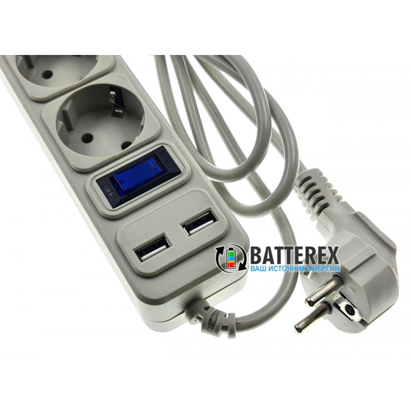 Сетевой фильтр - удлинитель Merlion на 5 розеток и 2 USB-порта 5V 2.1A - длина 1,8м