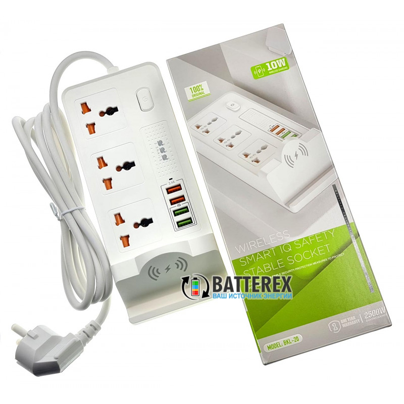 Сетевой фильтр (удлинитель) BKL-20 White на 3 розетки и 4 USB-порта с беспроводной зарядкой для телефонов - длина 2м Сетевой фильтр (удлинитель) BKL-20 White на 3 розетки и 4 USB-порта с беспроводной зарядкой для телефонов - длина 2м