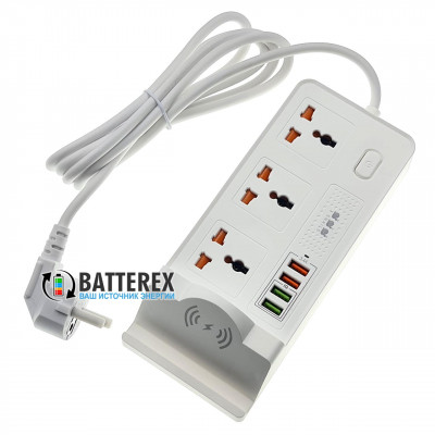 Сетевой фильтр - удлинитель BKL-20 White на 3 розетки и 4 USB-порта 5V 3,4A с беспроводной зарядкой 10W для телефонов - длина 2м