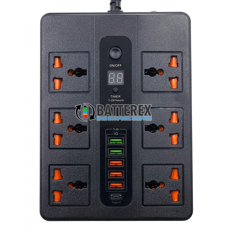 Сетевой фильтр (удлинитель) BLK-11 2500W на 6 розеток, 5 портов USB 5V 3,4A и 1 порт Type-C, таймер отключения, длина 2м Сетевой фильтр (удлинитель) BLK-11 2500W на 6 розеток, 5 портов USB 5V 3,4A и 1 порт Type-C, таймер отключения, длина 2м