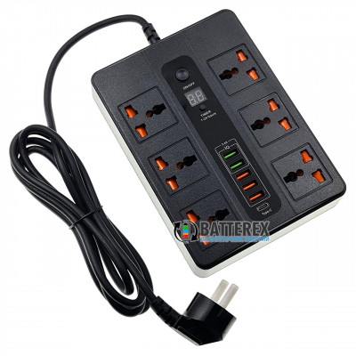 Сетевой фильтр - удлинитель BLK-11 2500W на 6 розеток, 5 портов USB 5V 3,4A и 1 порт Type-C, таймер отключения, длина 2м