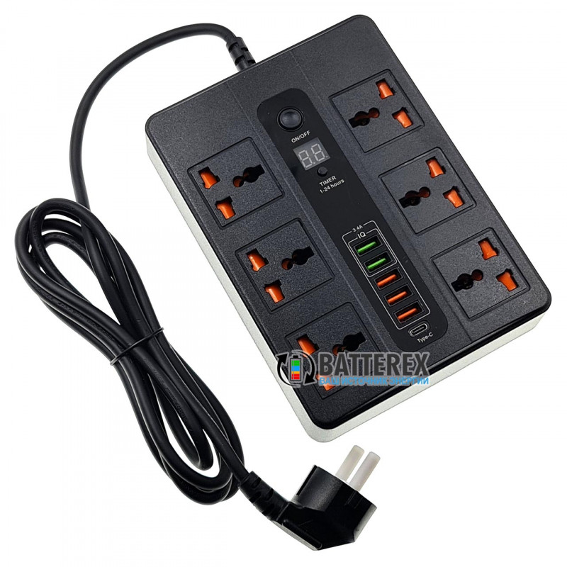 Сетевой фильтр (удлинитель) BLK-11 2500W на 6 розеток, 5 портов USB 5V 3,4A и 1 порт Type-C, таймер отключения, длина 2м