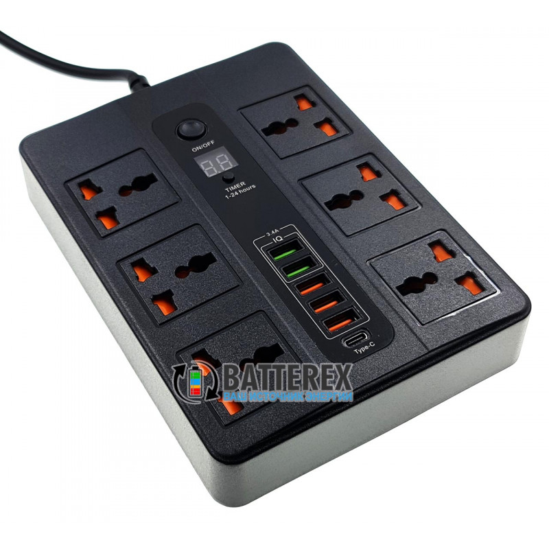 Сетевой фильтр (удлинитель) BLK-11 2500W на 6 розеток, 5 портов USB 5V 3,4A и 1 порт Type-C, таймер отключения, длина 2м Сетевой фильтр (удлинитель) BLK-11 2500W на 6 розеток, 5 портов USB 5V 3,4A и 1 порт Type-C, таймер отключения, длина 2м