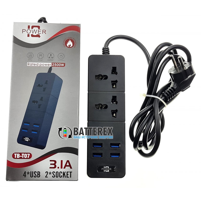 Сетевой фильтр - удлинитель IQ Power TB-T07 Black на 2 розетки и 4 USB-порта - длина 2м
