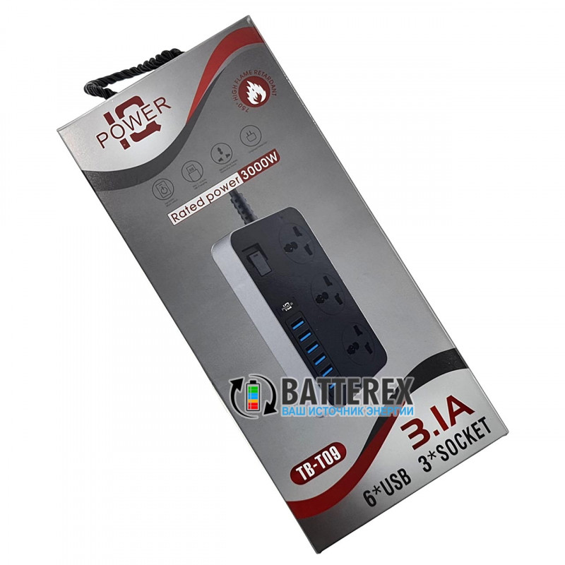 Сетевой фильтр (удлинитель) IQ Power TB-T09 на 3 розетки и 6 USB-портов - длина 2м Сетевой фильтр (удлинитель) IQ Power TB-T09 на 3 розетки и 6 USB-портов - длина 2м