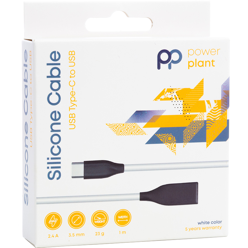 Кабель PowerPlant USB - Type-C 1м (силикон, белый, 2.4А)
