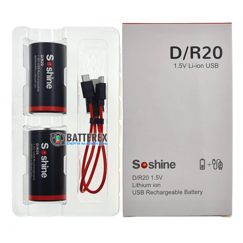 Литиевый аккумулятор D R20 Li-ion Soshine 6000mWh 1.5V Protected micro-USB поштучно от 1 шт. Литиевый аккумулятор D R20 Li-ion Soshine 6000mWh 1.5V Protected micro-USB поштучно от 1 шт.