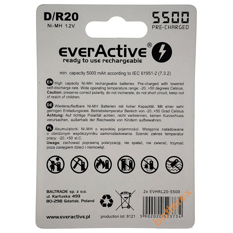 Аккумулятор R20 D Everactive 5500 mah Ready to use от 1 шт.