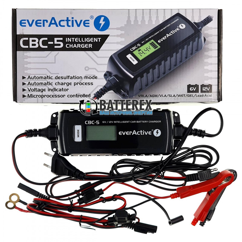 Интеллектуальное зарядное устройство EverActive CBC-5 для автомобильных аккумуляторов 6V/12V Интеллектуальное зарядное устройство EverActive CBC-5 для автомобильных аккумуляторов 6V/12V
