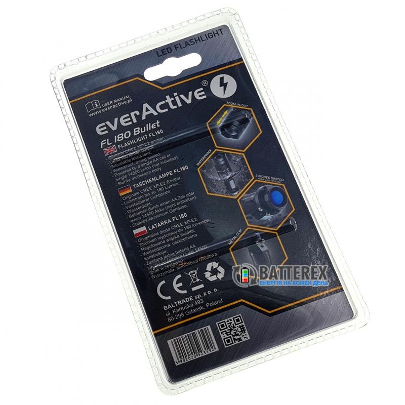 Фонарь Everactive FL180 Bullet с регулировкой фокуса и питанием АА или 14500 Фонарь Everactive FL180 Bullet с регулировкой фокуса и питанием АА или 14500