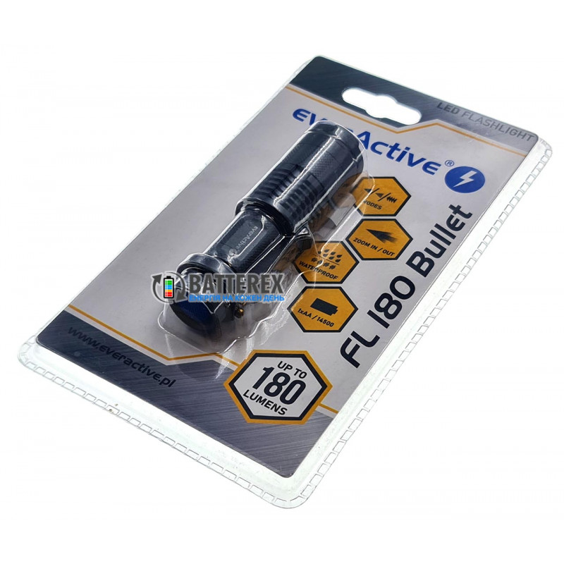 Фонарь Everactive FL180 Bullet с регулировкой фокуса и питанием АА или 14500 Фонарь Everactive FL180 Bullet с регулировкой фокуса и питанием АА или 14500
