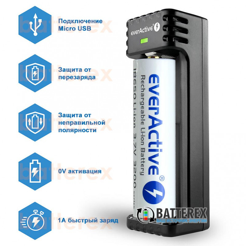 Зарядное устройство EverActive LC100 для Li-ion аккумулятора 18650, 21700, 26650, 14500, 16340