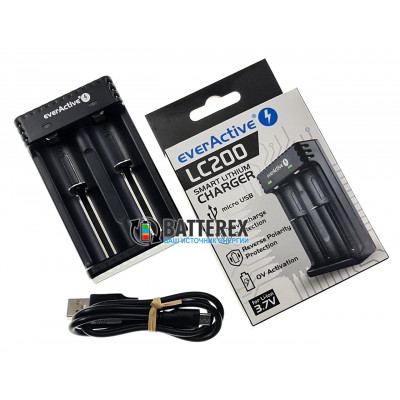 EverActive LC200 - зарядное устройство на 2 аккумулятора Li-ion разных размеров (18650, 21700, 26650, 14500, CR123A и др.)
