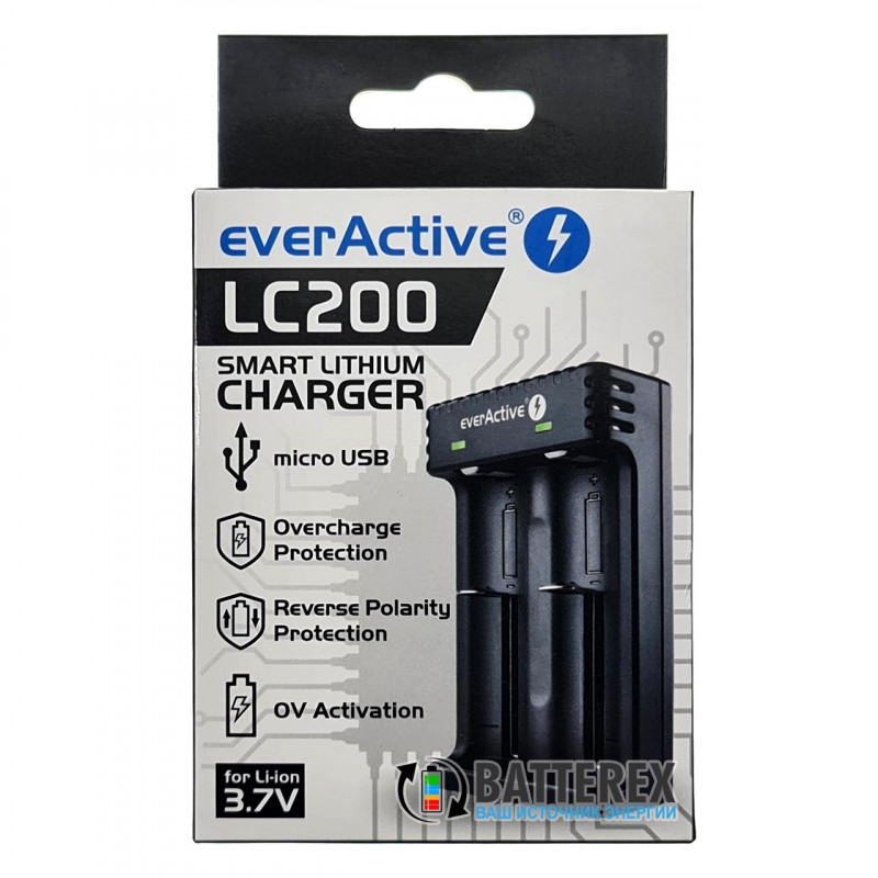 Зарядное устройство EverActive LC200 для Li-ion аккумулятора 18650, 21700, 26650, 14500, 16340