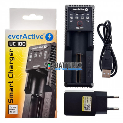 EverActive UC 100 + USB Liitokala 5V 2A - универсальная зарядка для аккумуляторов NiMH, Li-ion, LiFePO4 с функцией Повербанк + сетевой USB адаптер