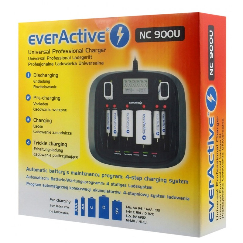 Зарядное устройство EverActive NC-900U универслаьное для аккумуляторов D R20, C R14, AA, AAA, Крона
