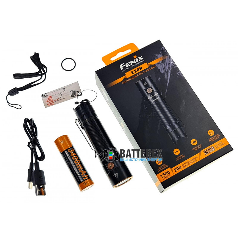 Фонарь Fenix E28R 1500 люмен с зарядкой от USB Type-C + аккумулятор 18650 Fenix 3400mah - оригинал Фонарь Fenix E28R 1500 люмен с зарядкой от USB Type-C + аккумулятор 18650 Fenix 3400mah - оригинал