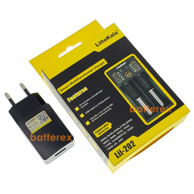 Зарядное устройство LiitoKala Lii-202 на 2 аккумулятора AA, AAA и Li-ion/LiFePO4 с функцией PowerBank + сетевой USB адаптер Liitokala 5V 2A Зарядное устройство LiitoKala Lii-202 на 2 аккумулятора AA, AAA и Li-ion/LiFePO4 с функцией PowerBank + сетевой USB адаптер Liitokala 5V 2A