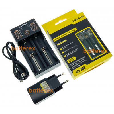 LiitoKala Lii-202 (универсальное зарядное на 2 аккумулятора с функцией Powerbank) + сетевой USB адаптер Liitokala 5V 2A