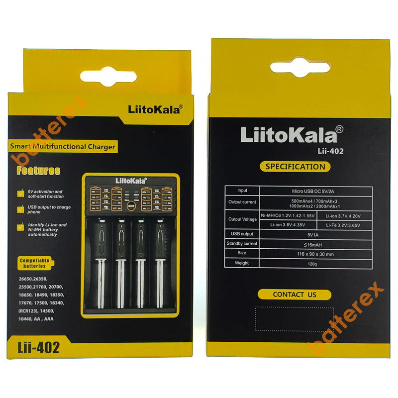 LiitoKala Lii-402 - 4х-канальное зарядное устройство для аккумуляторов AA, AAA и Li-ion/LiFePO4 с функцией PowerBank и выбором тока заряда 0.5/0.7/1/2А LiitoKala Lii-402 - 4х-канальное зарядное устройство для аккумуляторов AA, AAA и Li-ion/LiFePO4 с функцией PowerBank и выбором тока заряда 0.5/0.7/1/2А