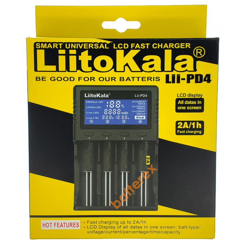 LiitoKala Lii-PD4 - зарядное устройство на 4 аккумулятора Ni-MH/Li-ion/LiFePO4 (цифровой дисплей, ток заряда 0,5A/1A/2A) LiitoKala Lii-PD4 - зарядное устройство на 4 аккумулятора Ni-MH/Li-ion/LiFePO4 (цифровой дисплей, ток заряда 0,5A/1A/2A)