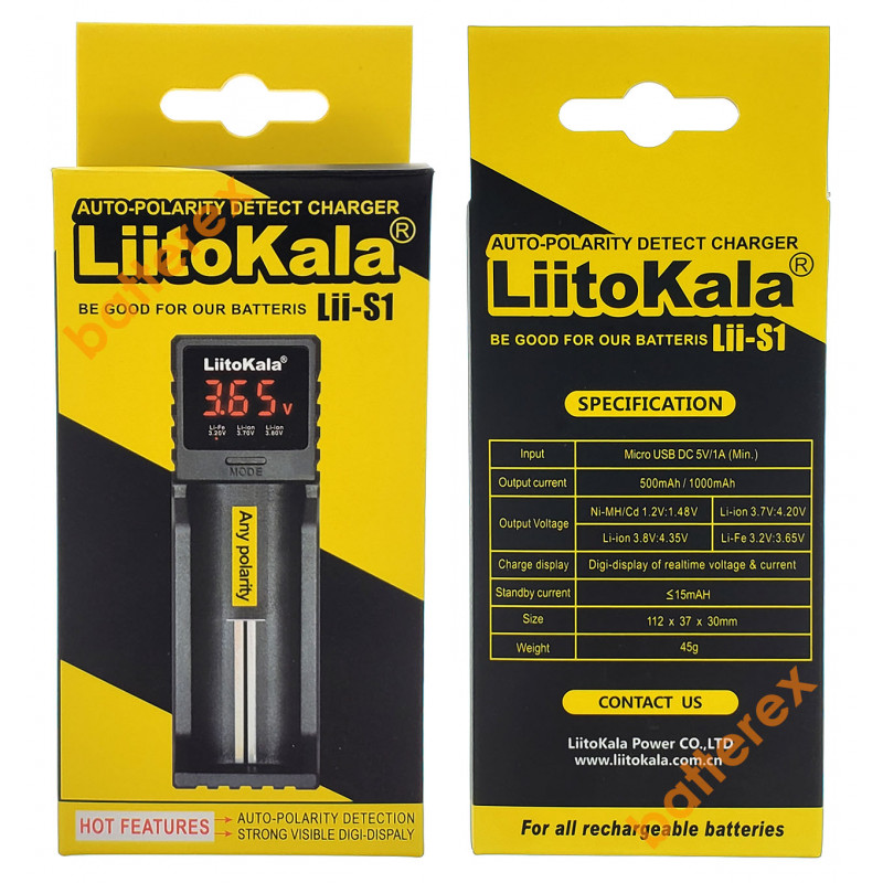 LiitoKala Lii-S1 - универсальное зарядное устройство на один аккумулятор Ni-MH/Li-ion/LiFePO4 с дисплеем и выбором тока заряда