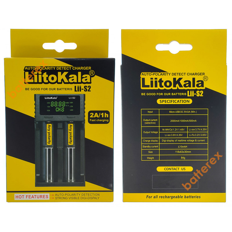 LiitoKala Lii-S2 - 2-канальное зарядное устройство для аккумуляторов Ni-MH/Li-ion/LiFePO4 c дисплеем и выбором тока заряда 0,5A/1A/2A LiitoKala Lii-S2 - 2-канальное зарядное устройство для аккумуляторов Ni-MH/Li-ion/LiFePO4 c дисплеем и выбором тока заряда 0,5A/1A/2A