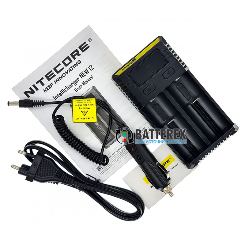 Универсальное зарядное устройство Nitecore NEW i2 на 2 аккумулятора Li-ion/LiFePO4/Ni-MH + автоадаптер Liitokala 12V