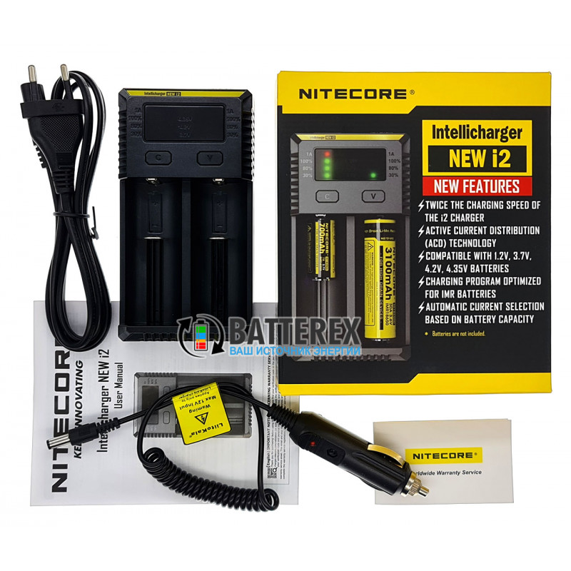 Универсальное зарядное устройство Nitecore NEW i2 на 2 аккумулятора Li-ion/LiFePO4/Ni-MH + автоадаптер Liitokala 12V