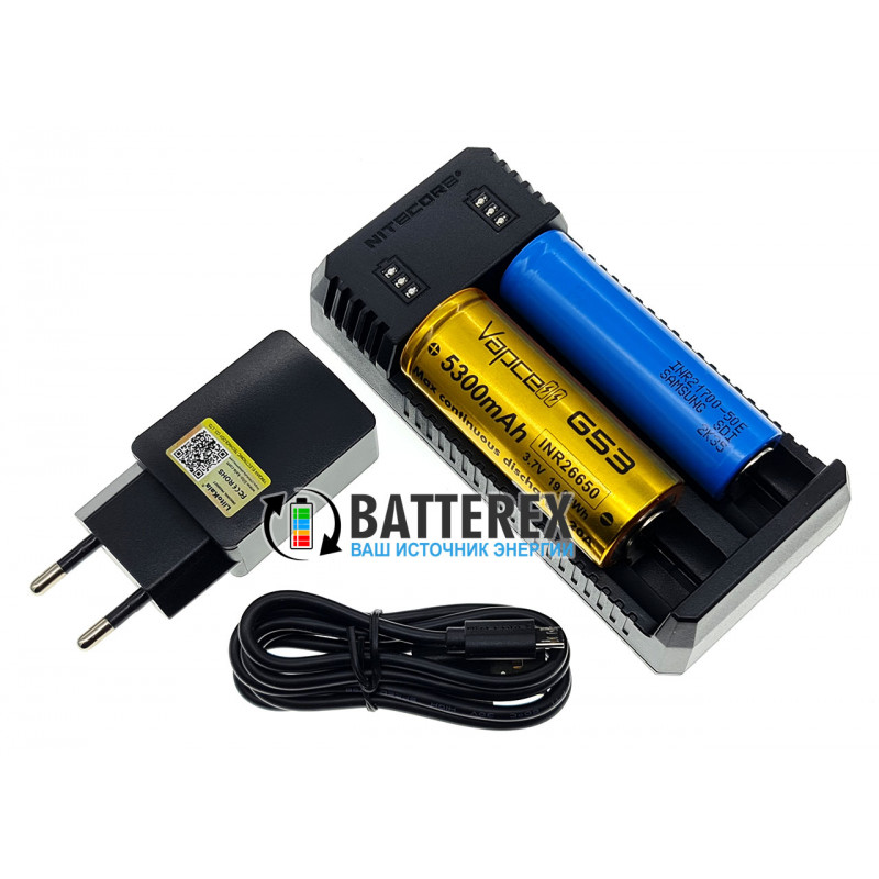 Зарядное устройство Nitecore UI2 на 2 Li-ion аккумулятора 18650, 21700, 18500, 14500, 26650 + сетевой USB адаптер Liitokala 5V 2A