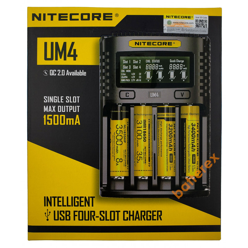 Универсальная зарядка Nitecore UM4 на 4 канала с подключением через USB Универсальная зарядка Nitecore UM4 на 4 канала с подключением через USB
