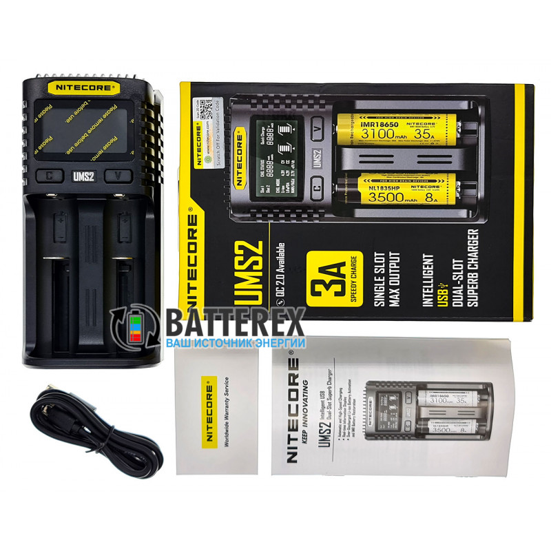 Быстрая универсальная зарядка Nitecore UMS2 на 2 канала с током заряда до 3А и подключением через USB Быстрая универсальная зарядка Nitecore UMS2 на 2 канала с током заряда до 3А и подключением через USB