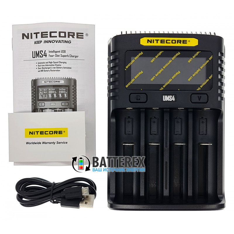 Быстрая универсальная зарядка Nitecore UMS4 на 4 канала с током заряда до 3А и подключением через USB Быстрая универсальная зарядка Nitecore UMS4 на 4 канала с током заряда до 3А и подключением через USB