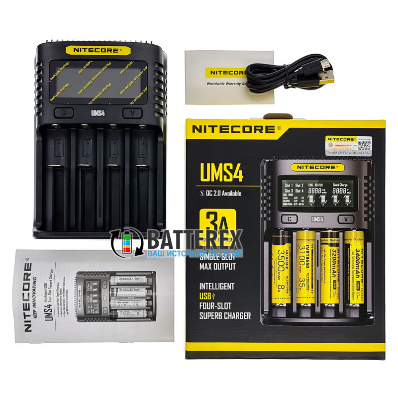Быстрая универсальная зарядка Nitecore UMS4 на 4 канала с током заряда до 3А и подключением через USB Быстрая универсальная зарядка Nitecore UMS4 на 4 канала с током заряда до 3А и подключением через USB