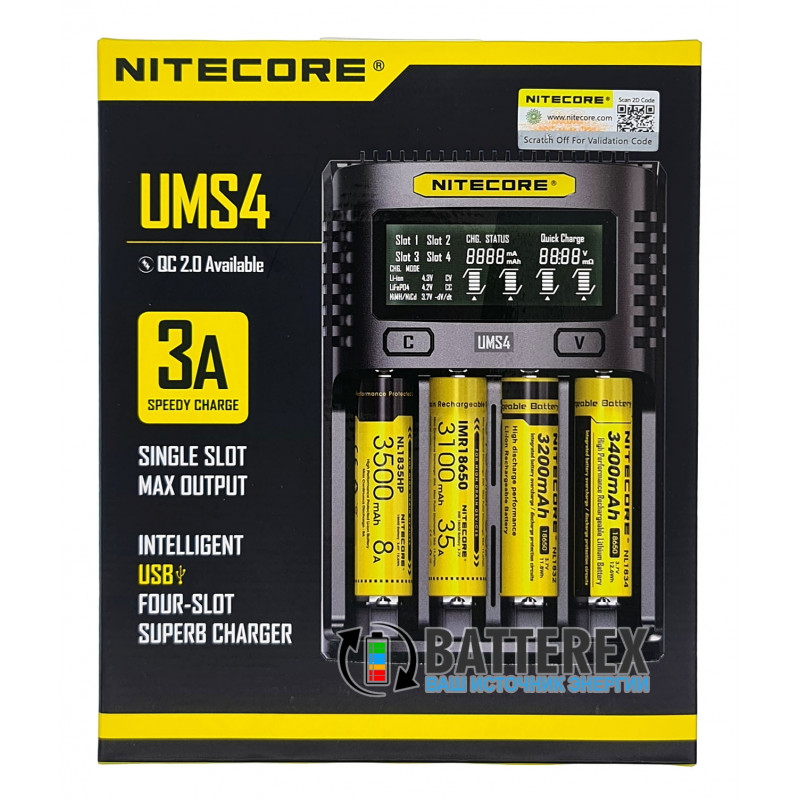 Быстрая универсальная зарядка Nitecore UMS4 на 4 канала с током заряда до 3А и подключением через USB Быстрая универсальная зарядка Nitecore UMS4 на 4 канала с током заряда до 3А и подключением через USB