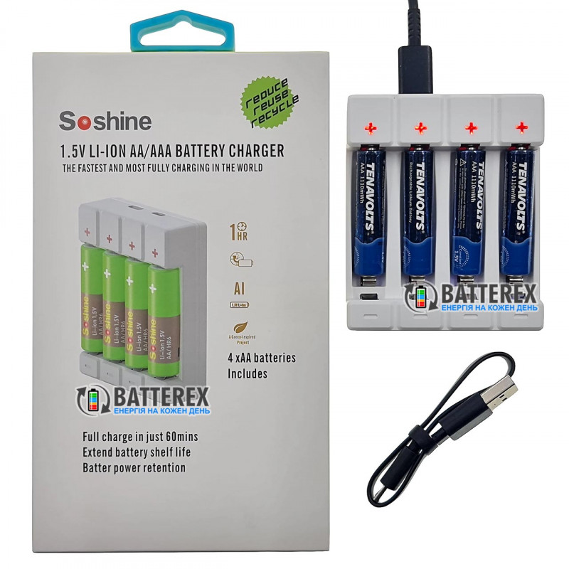 Комплект Зарядное устройство Soshine Chocolate-1.5V и 4 аккумулятора AAA Li-ion Tenavolts 1110mWh 1.5V
