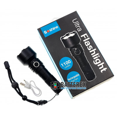 Фонарь Soshine TC15 USB - 3 режима яркости, алюминиевый корпус, 1100 люмен, USB-зарядка, защита от воды IPX-6