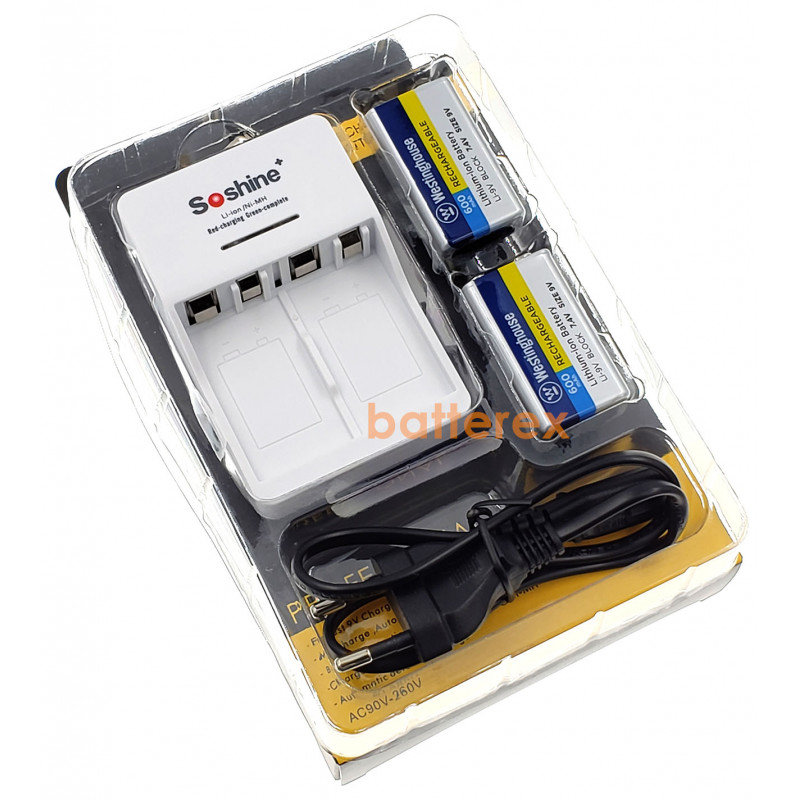 Зарядное устройство Soshine SC-V1 и 2 аккумулятора Крона Li-ion Westinghouse 9V 600 mah Зарядное устройство Soshine SC-V1 и 2 аккумулятора Крона Li-ion Westinghouse 9V 600 mah